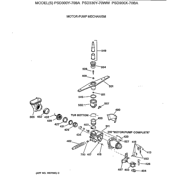 MOTOR - PUMP MECHANISM Diagram and Parts List for PSD300Y-70BA  General Electric Dishwasher
