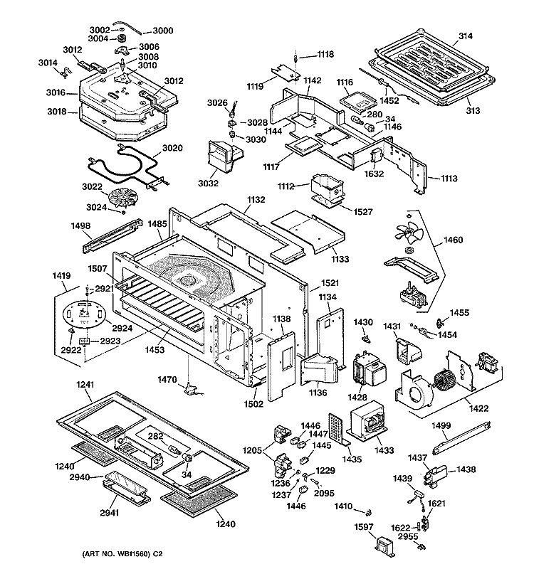 BOTTOM PLATE, INTERNAL PARTS & MOUNTING BRACKET Diagram and Parts List for JVM290BV01  General Electric Microwave