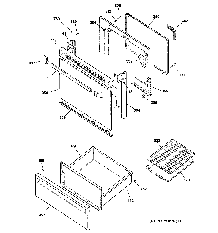 DOOR & DRAWER PARTS Diagram and Parts List for JBP63BY1AD  General Electric Range