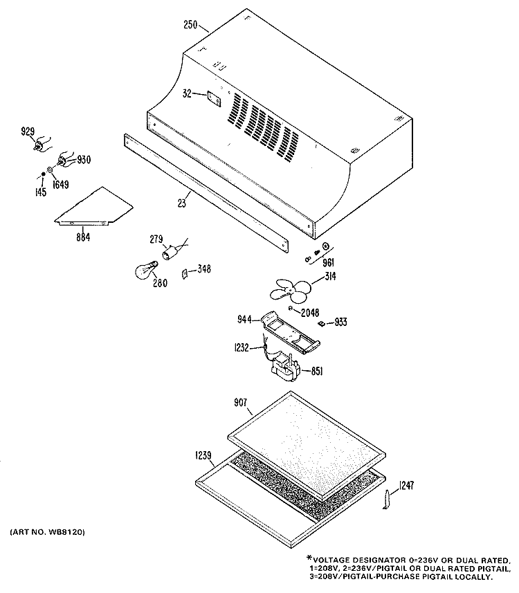 Section Diagram and Parts List for JN334*03  General Electric Range Hood