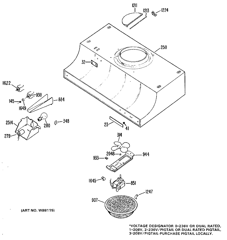 Section Diagram and Parts List for JV322*03  General Electric Range Hood