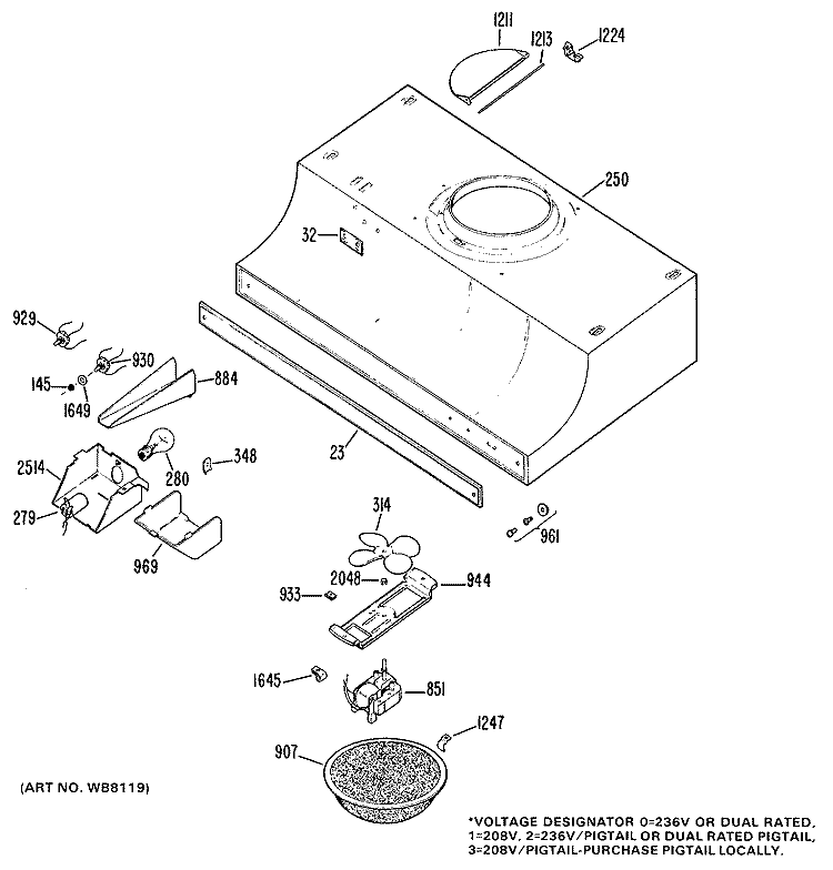 Section Diagram and Parts List for JV624*03  General Electric Range Hood