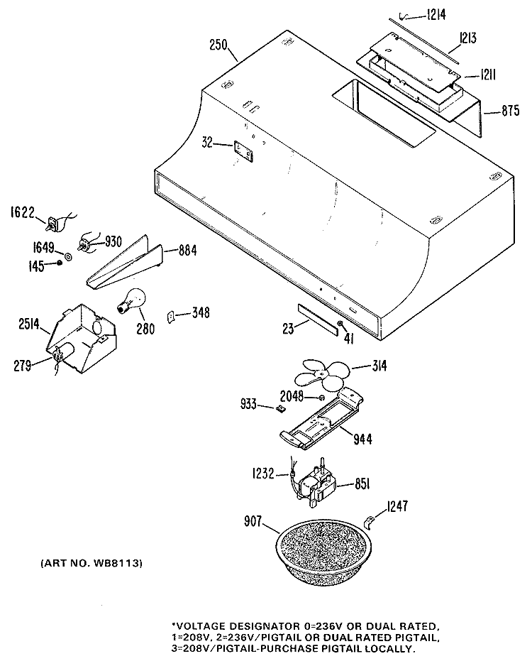 Section Diagram and Parts List for JV332*03  General Electric Range Hood