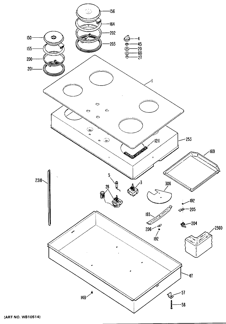 Section Diagram and Parts List for JP6820K2  General Electric Cooktop