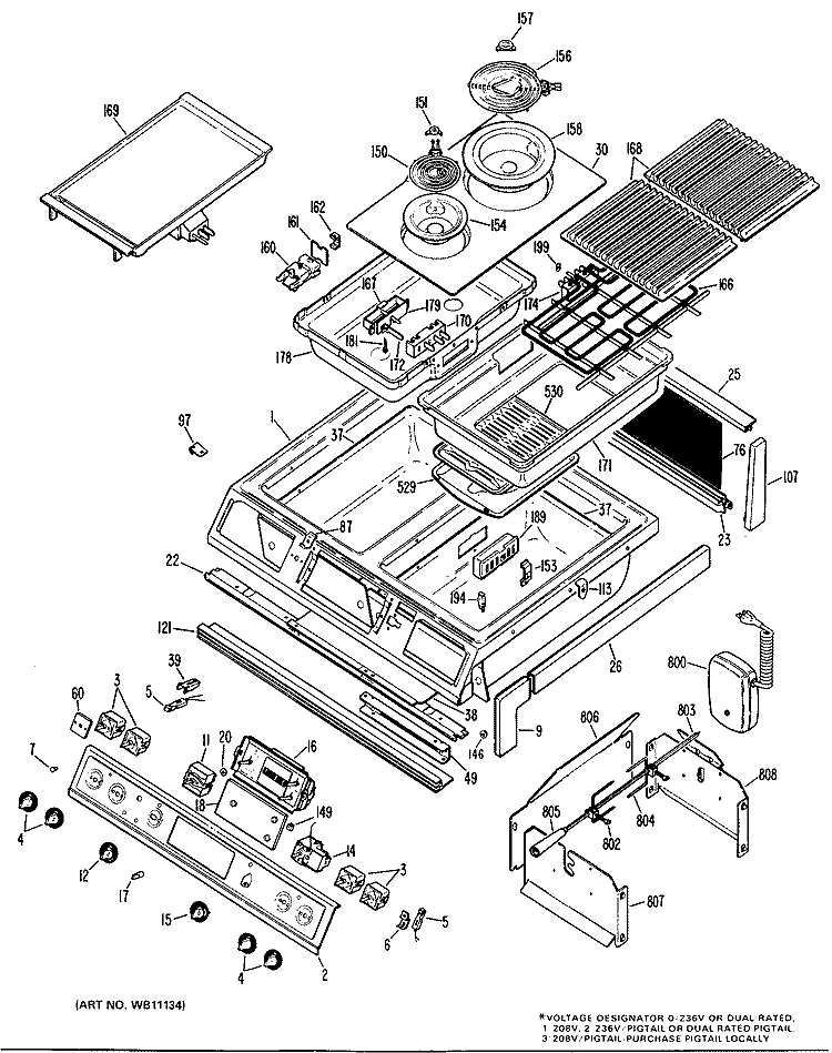 Section Diagram and Parts List for JSP49G1J5  General Electric Range