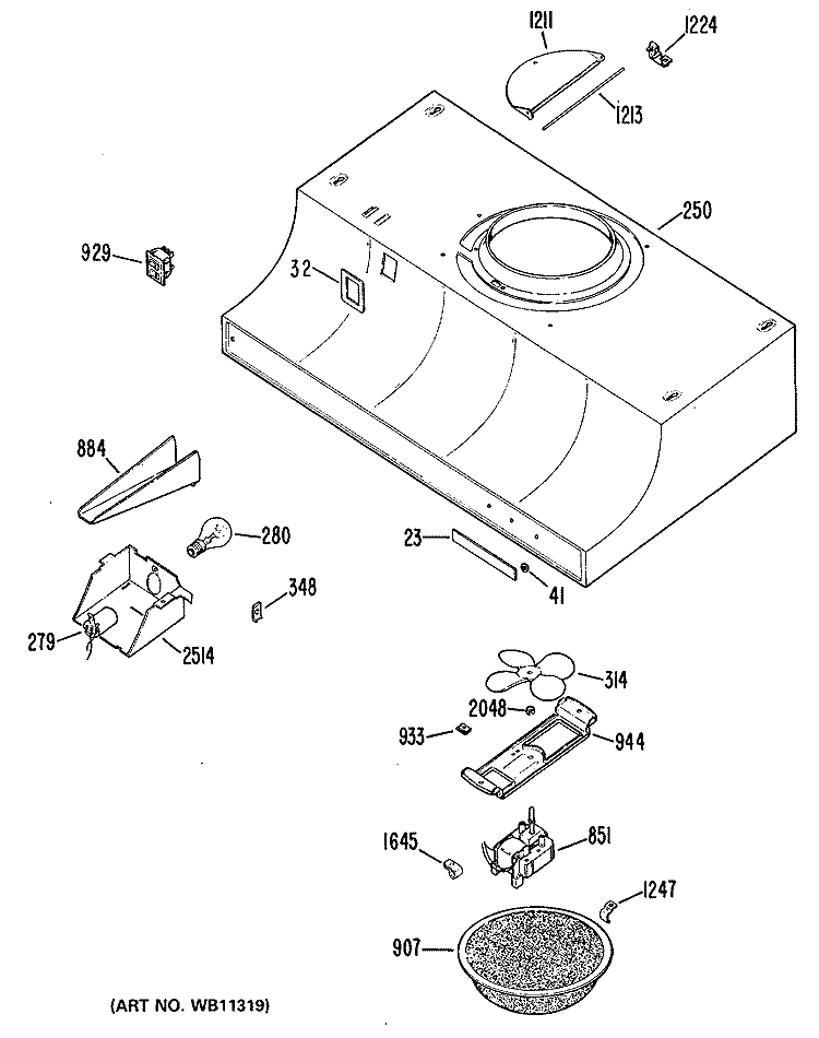 Section Diagram and Parts List for JV322J3  General Electric Range Hood