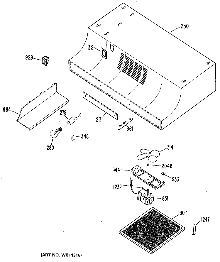Section Diagram and Parts List for JN322J3  General Electric Range Hood