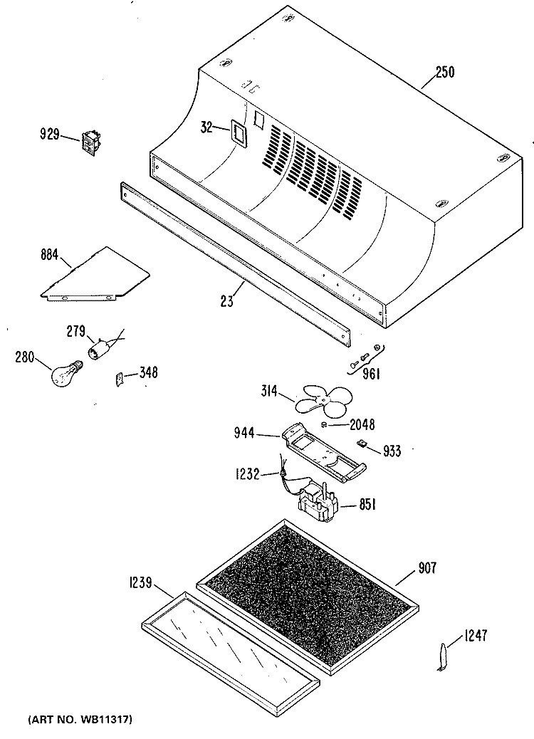Section Diagram and Parts List for JN334J3  General Electric Range Hood