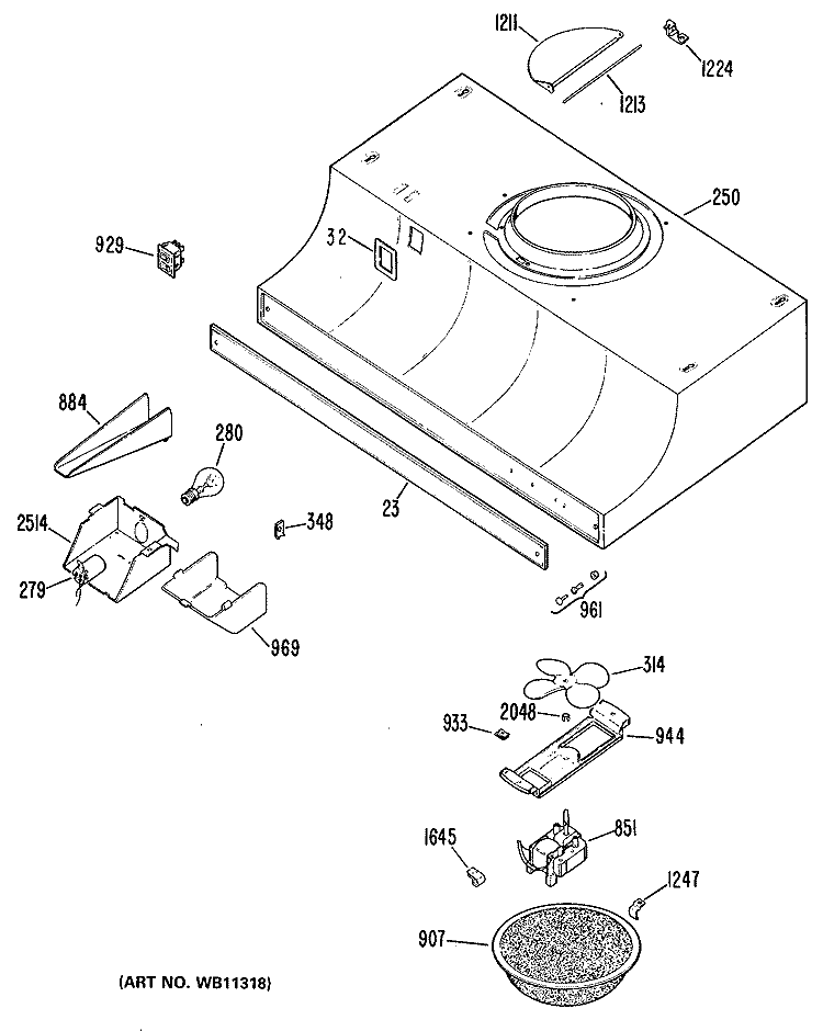 Section Diagram and Parts List for JV624J3  General Electric Range Hood