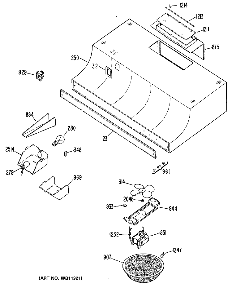 Section Diagram and Parts List for JV634J3  General Electric Range Hood