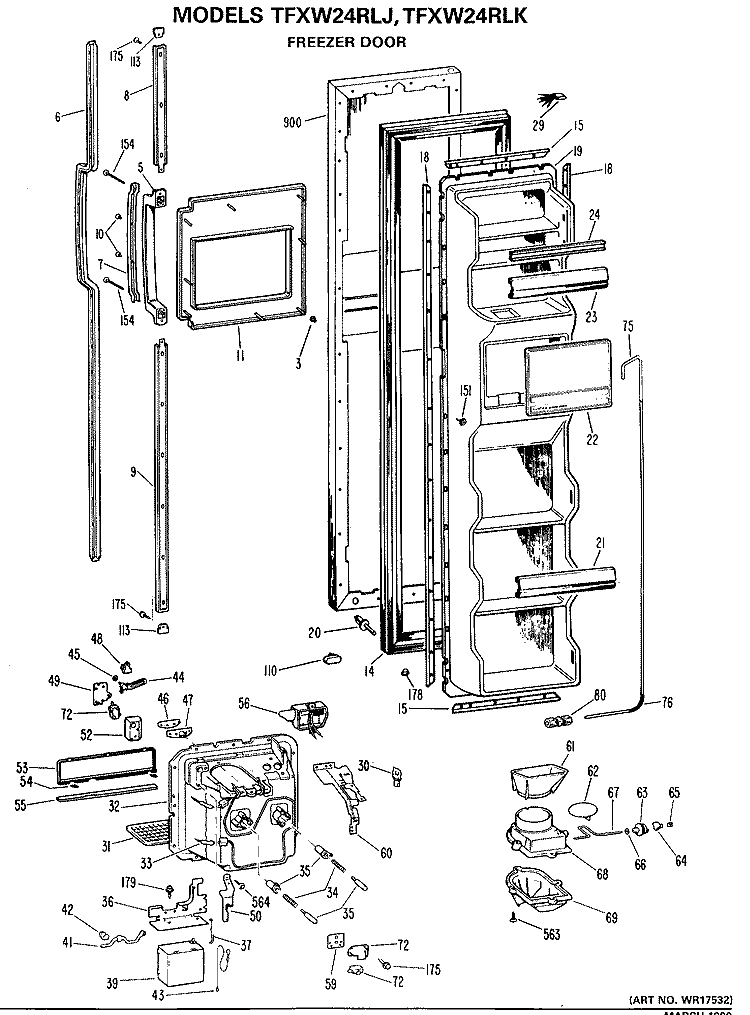 FREEZER DOOR Diagram and Parts List for TFXW24RLK  General Electric Refrigerator