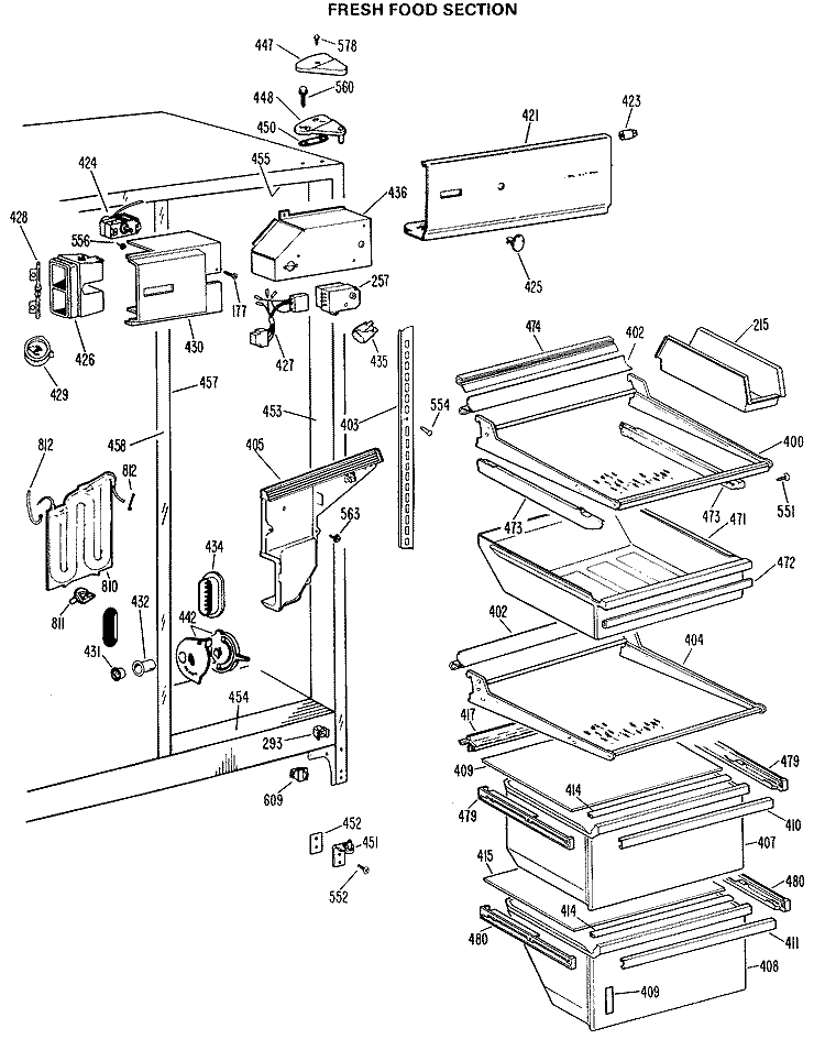 FRESH FOOD SECTION Diagram and Parts List for TFXW24RLK  General Electric Refrigerator