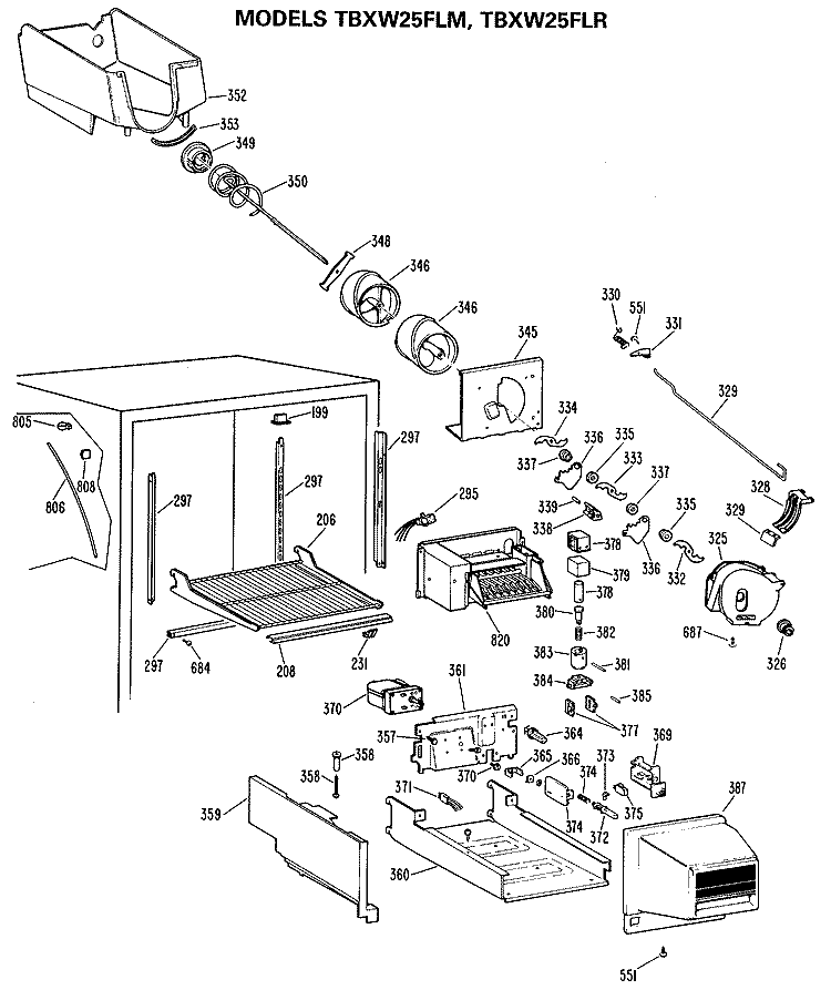 Section Diagram and Parts List for TBXW25FLMLWH  General Electric Refrigerator