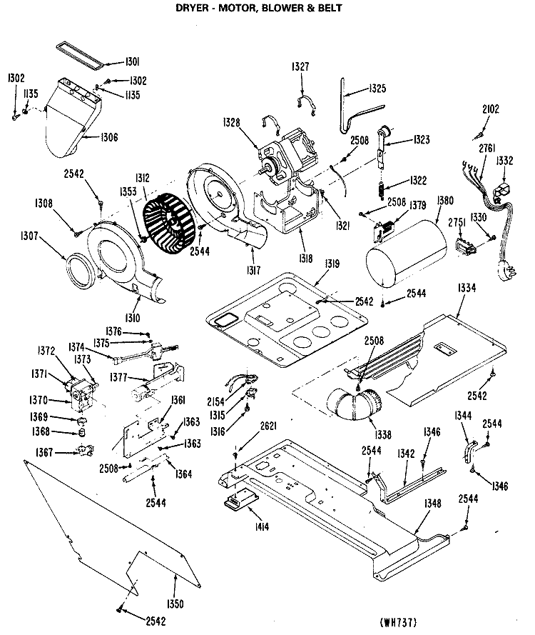 DRYER - MOTOR, BLOWER & BELT Diagram and Parts List for WSM2700LCW  General Electric Washer Dryer Combo
