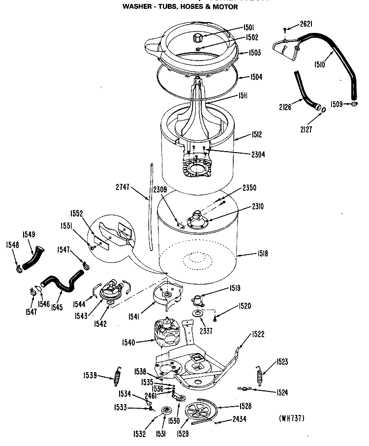 WASHER - TUBS, HOSES & MOTOR Diagram and Parts List for WSM2700LCW  General Electric Washer Dryer Combo