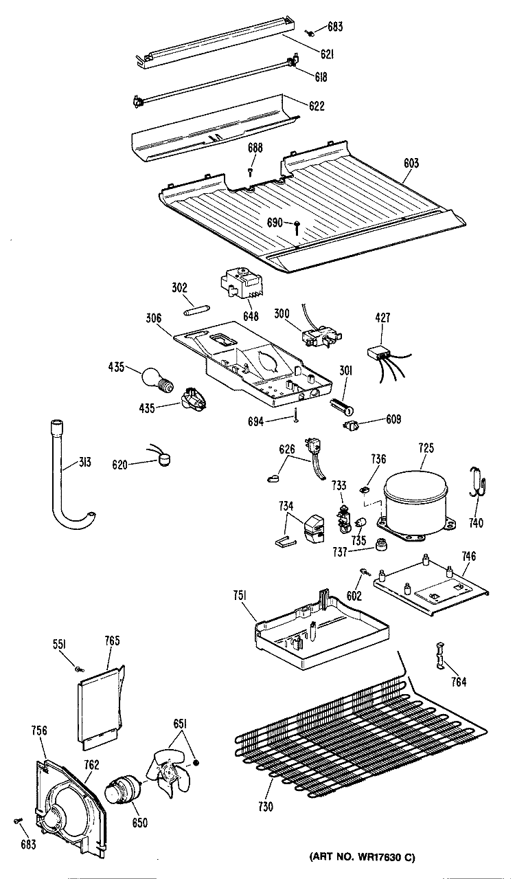 Section Diagram and Parts List for TBE16ZPERWH  General Electric Refrigerator