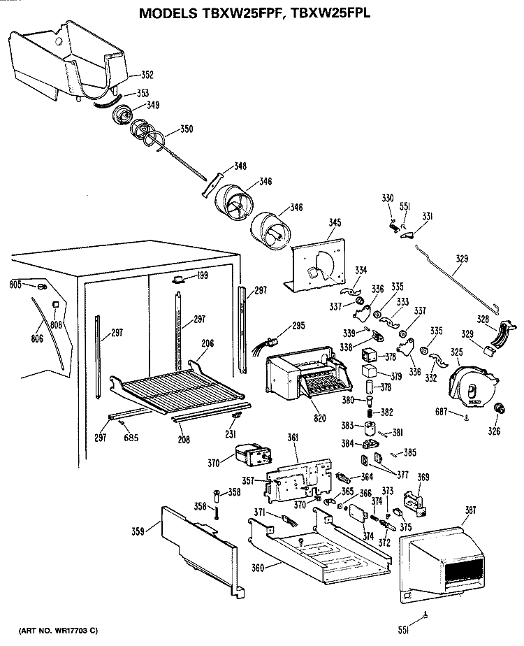 Section Diagram and Parts List for TBXW25FPLRWH  General Electric Refrigerator