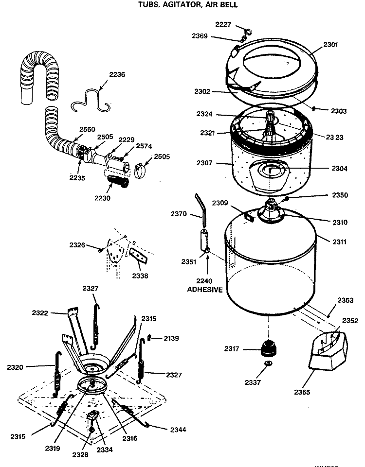 TUBS, AGITATOR, AIR BELL Diagram and Parts List for WWP1180GFB  General Electric Washer