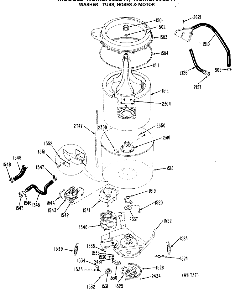 WASHER - TUBS, HOSES & MOTOR Diagram and Parts List for WSM2700LDW  General Electric Washer Dryer Combo