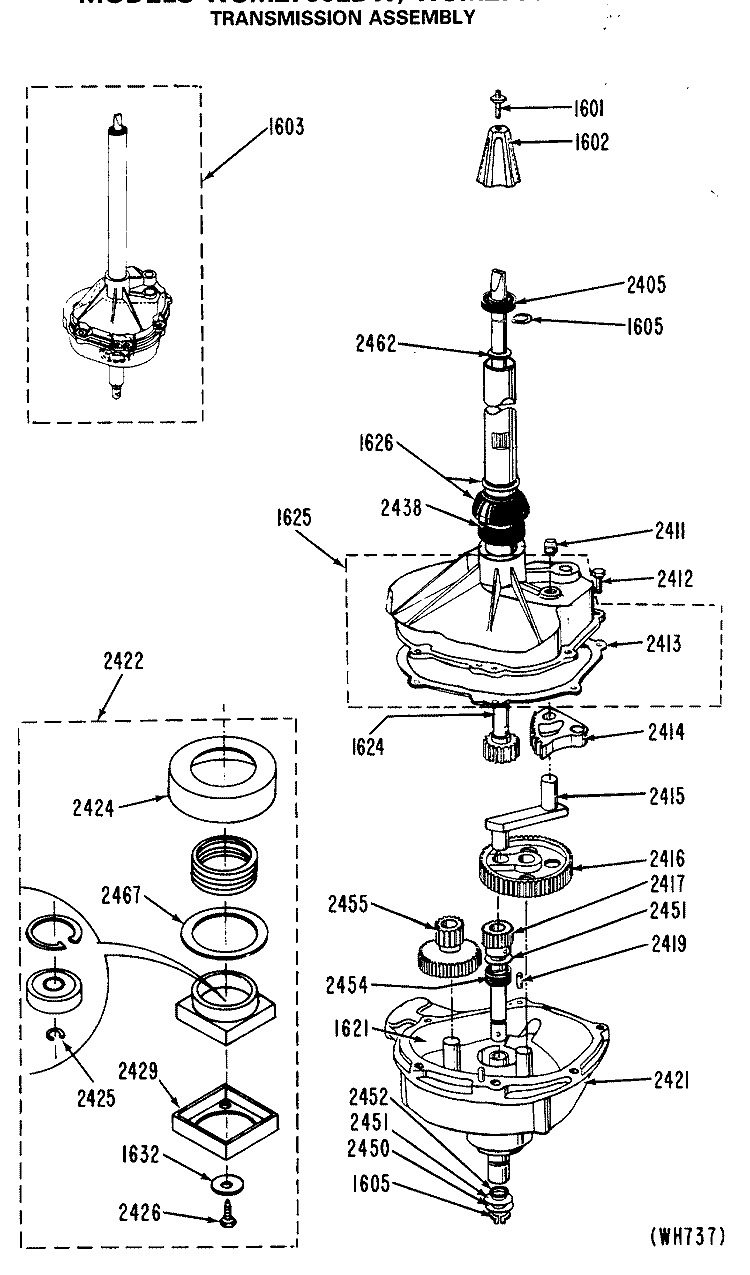TRANSMISSION ASSEMBLY Diagram and Parts List for WSM2700LDW  General Electric Washer Dryer Combo