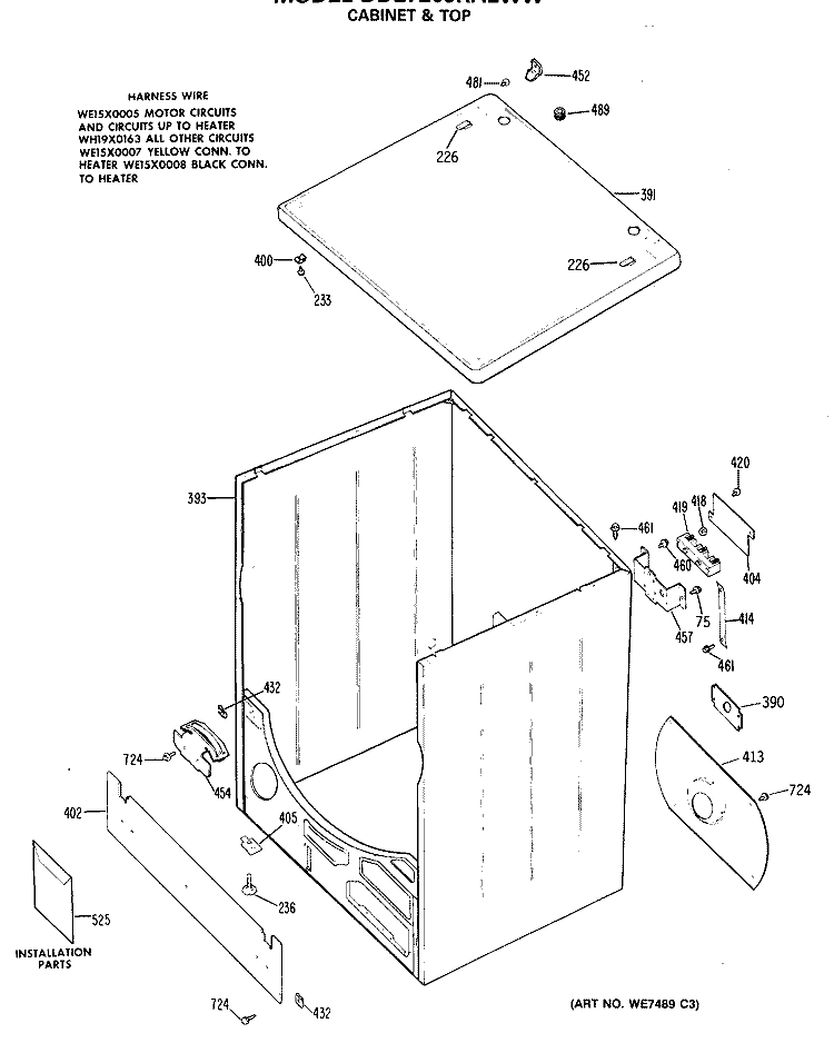 CABINET & TOP Diagram and Parts List for DDE7209RALWW  General Electric Dryer