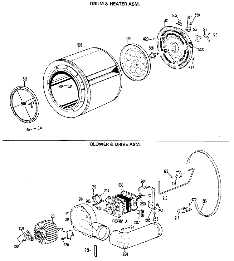 DRUM & HEATER ASM. Diagram and Parts List for DDE7209RALWW  General Electric Dryer