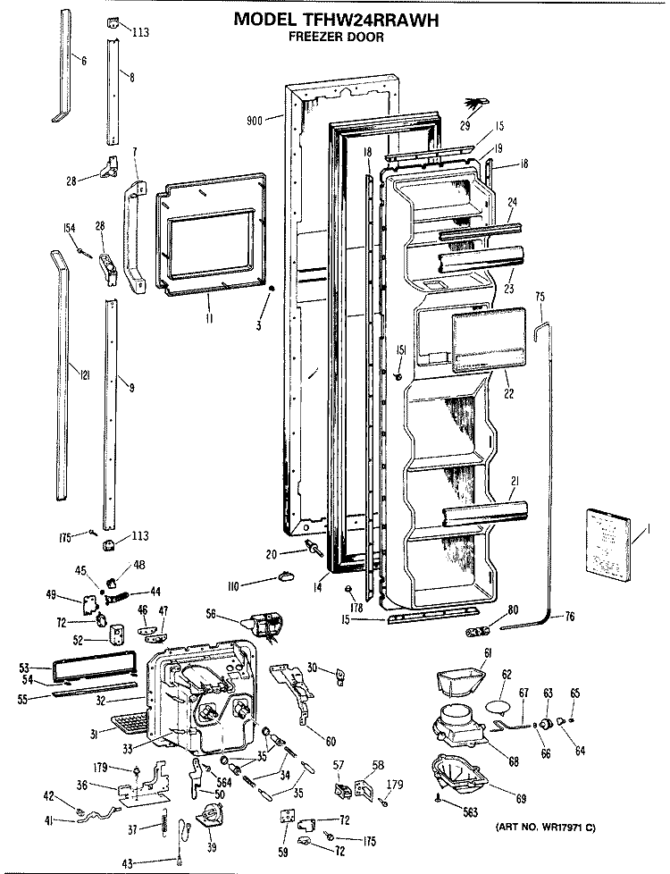FREEZER DOOR Diagram and Parts List for TFHW24RRAWH  General Electric Refrigerator