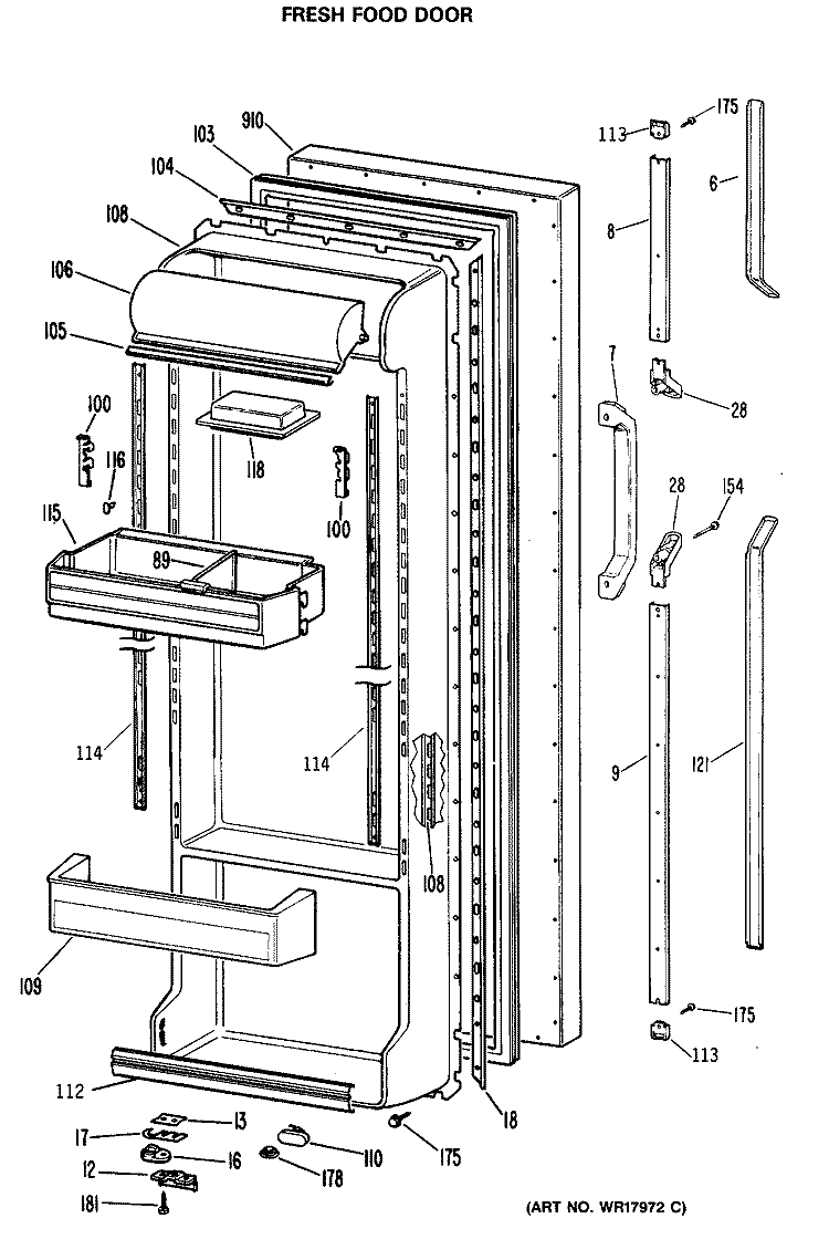 FRESH FOOD DOOR Diagram and Parts List for TFHW24RRAWH  General Electric Refrigerator