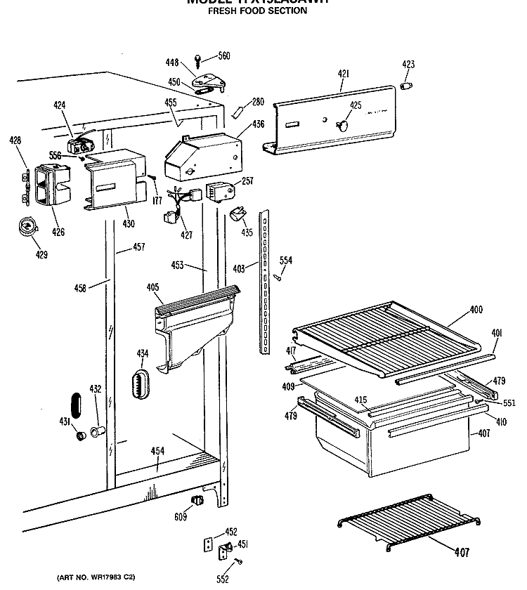 FRESH FOOD SECTION Diagram and Parts List for TFX19LASAWH  General Electric Refrigerator