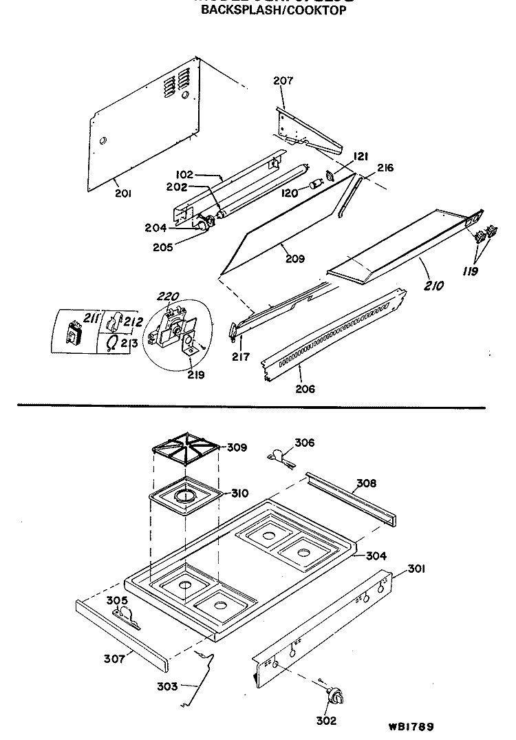 BACKSPLASH / COOKTOP Diagram and Parts List for JGHP57GEJG  General Electric Range