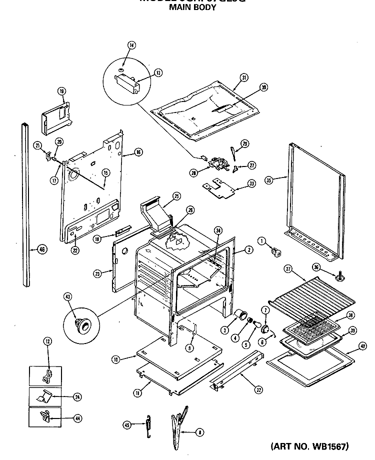MAIN BODY Diagram and Parts List for JGHP57GEJG  General Electric Range