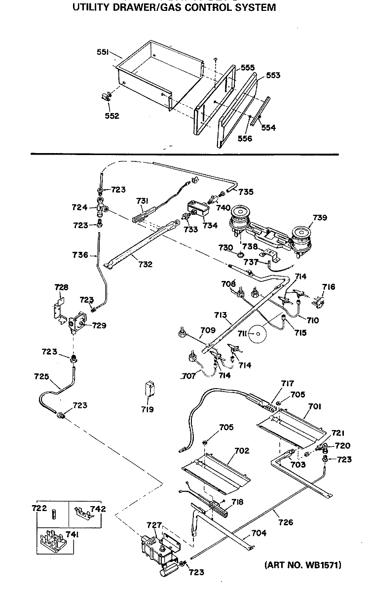 UTILITY DRAWER / GAS CONTROL SYSTEM Diagram and Parts List for JGHP57GEJG  General Electric Range