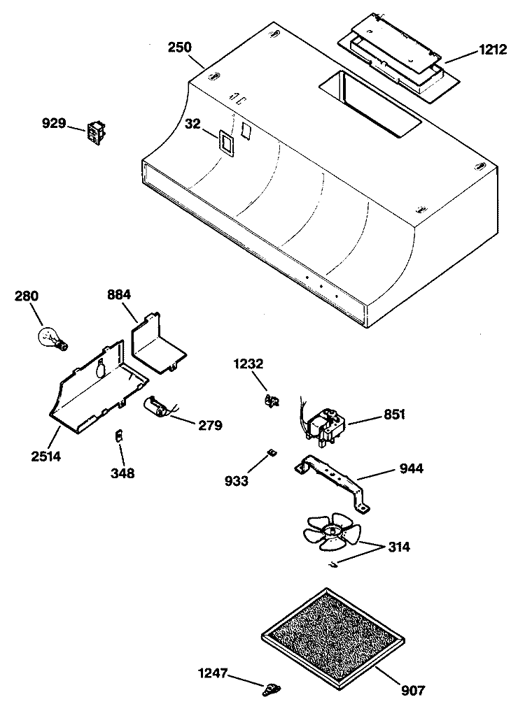 Section Diagram and Parts List for JV332S2  General Electric Range Hood