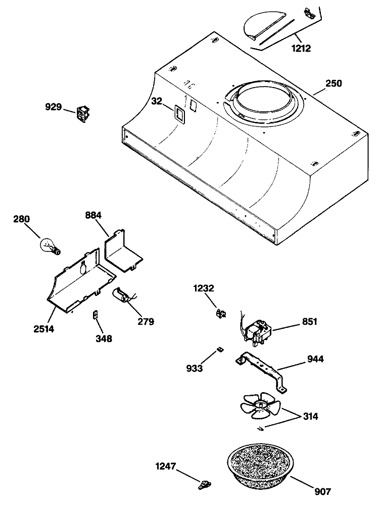 Section Diagram and Parts List for JV322S2  General Electric Range Hood