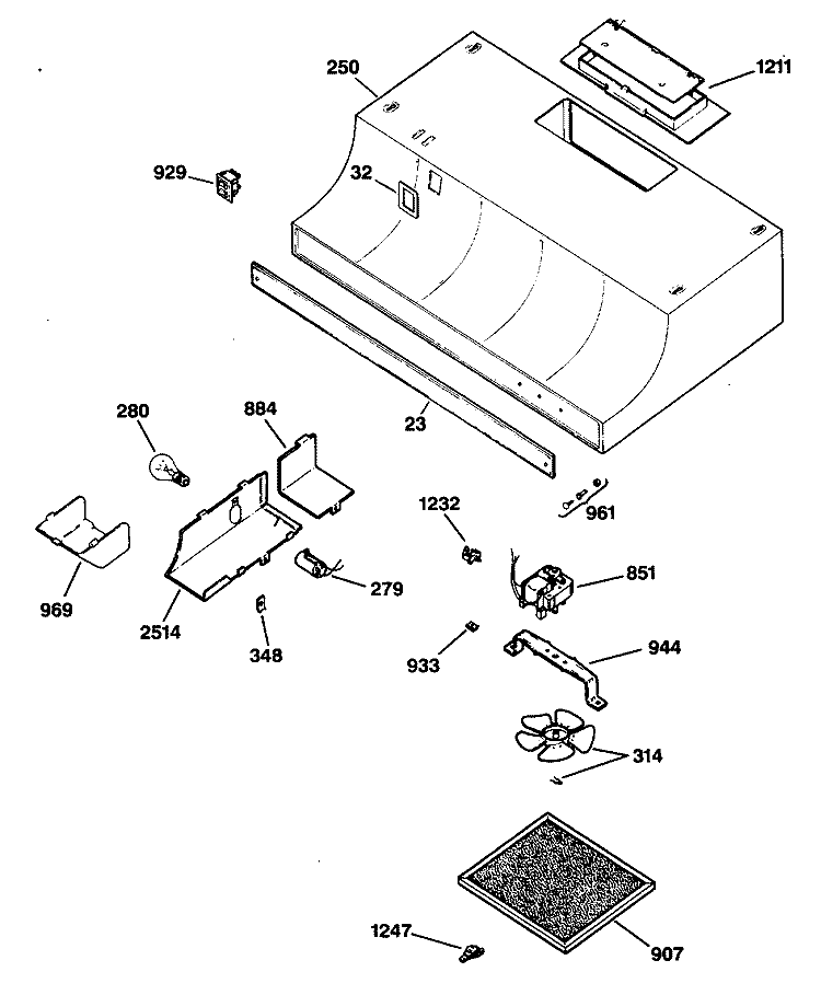 Section Diagram and Parts List for JV335S1BB  General Electric Range Hood