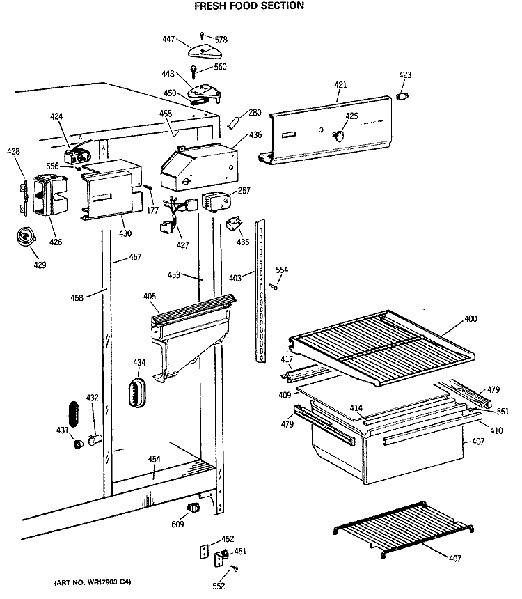 FRESH FOOD SECTION Diagram and Parts List for TFX19LASBWH  General Electric Refrigerator