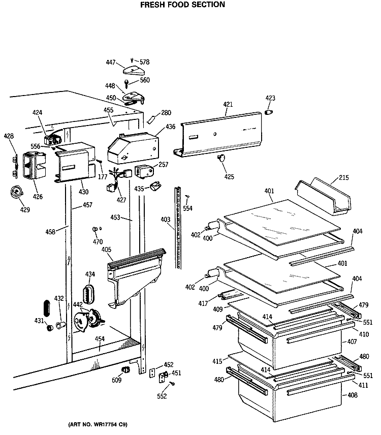 FRESH FOOD SECTION Diagram and Parts List for TFX20JASBWH  General Electric Refrigerator
