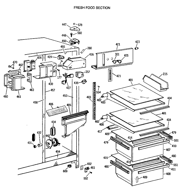 FRESH FOOD SECTION Diagram and Parts List for TFG20JATCWH  General Electric Refrigerator
