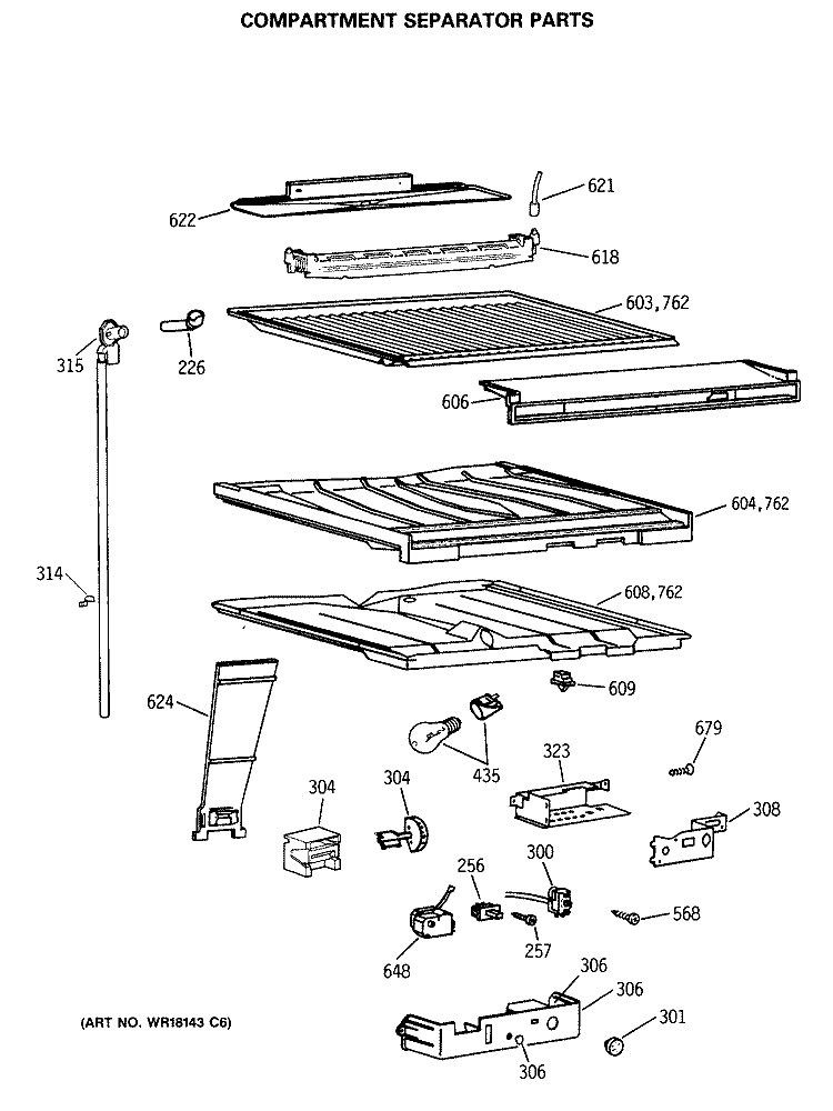 COMPARTMENT SEPARATOR PARTS Diagram and Parts List for TBX19MASERWH  General Electric Refrigerator