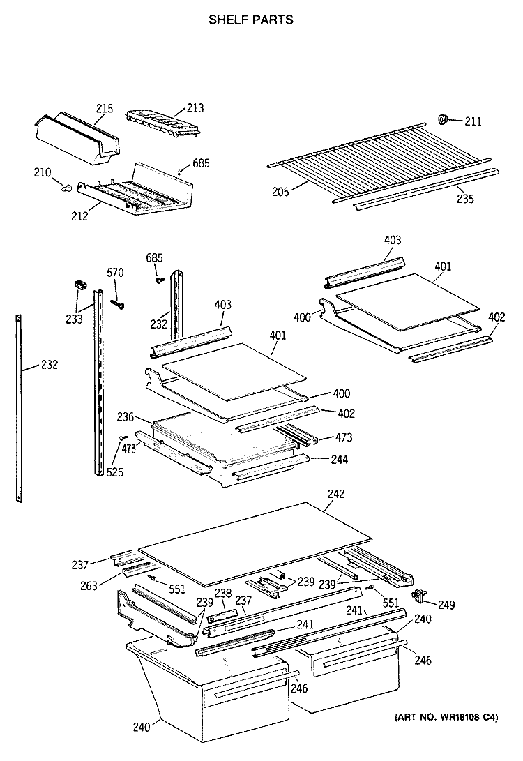 SHELF PARTS Diagram and Parts List for TBX19MASFRWH  General Electric Refrigerator