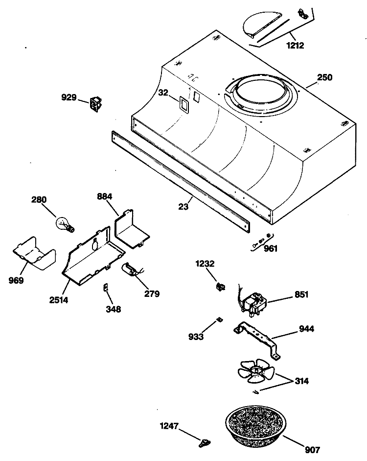 Section Diagram and Parts List for JV325S1AA  General Electric Range Hood