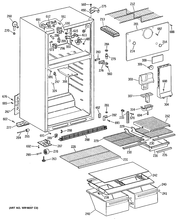 Section Diagram and Parts List for TBH14DASCRAD  General Electric Refrigerator