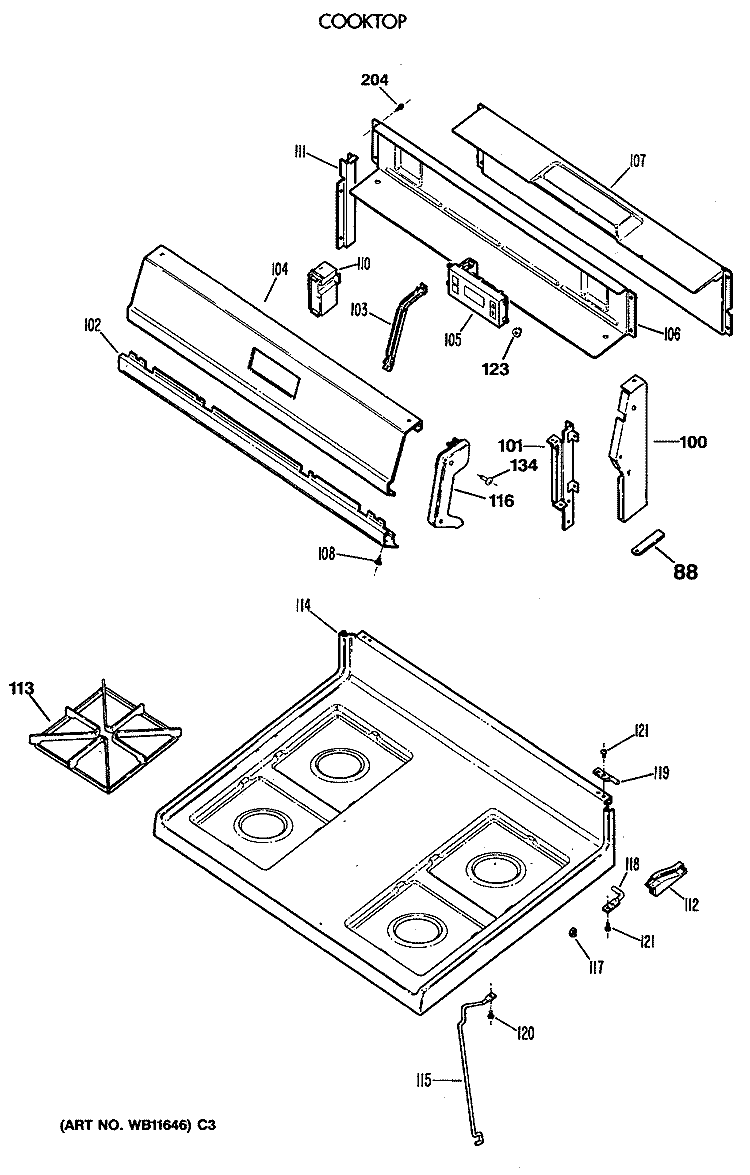 COOKTOP Diagram and Parts List for JGBC18EV3WW  General Electric Range