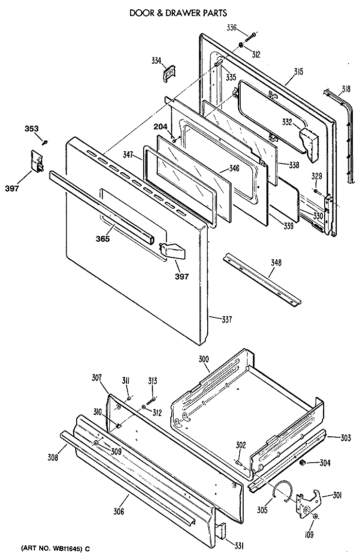 DOOR & DRAWER PARTS Diagram and Parts List for JGBC18EV3WW  General Electric Range