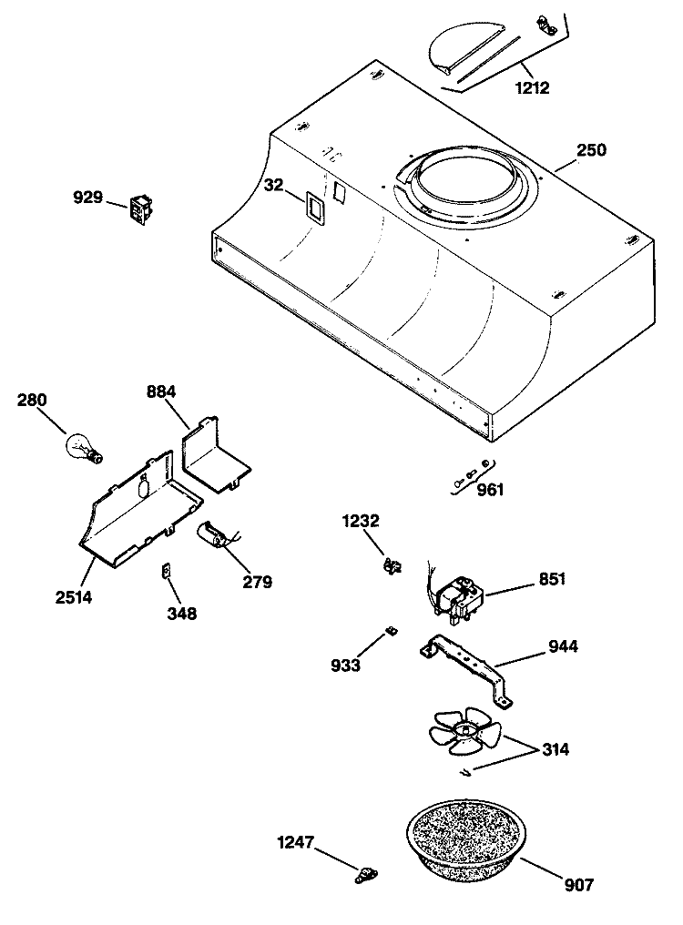 Section Diagram and Parts List for JV322V1AD  General Electric Range Hood