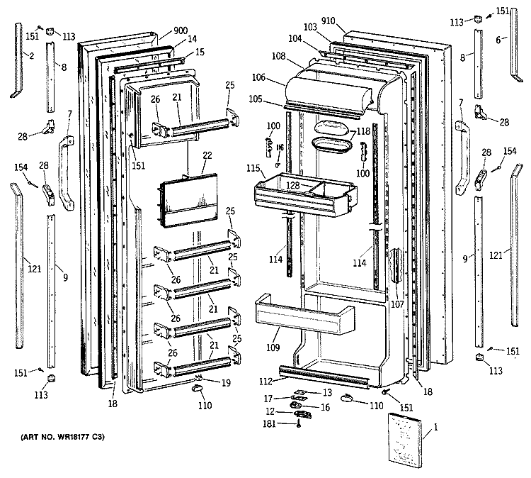 Section Diagram and Parts List for TFG24PAXAWW  General Electric Refrigerator