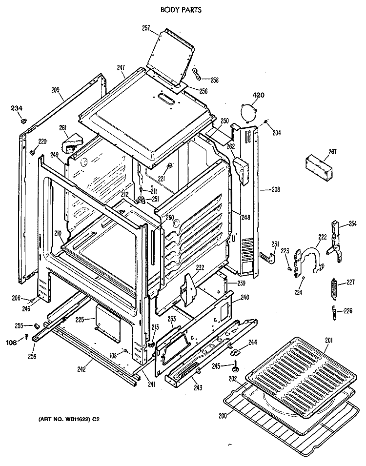 BODY PARTS Diagram and Parts List for JGBS04PV2WH  General Electric Range