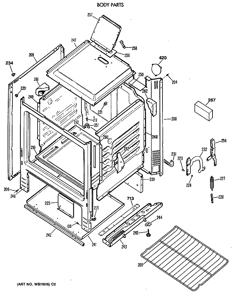 BODY PARTS Diagram and Parts List for JGBS03PV2WH  General Electric Range