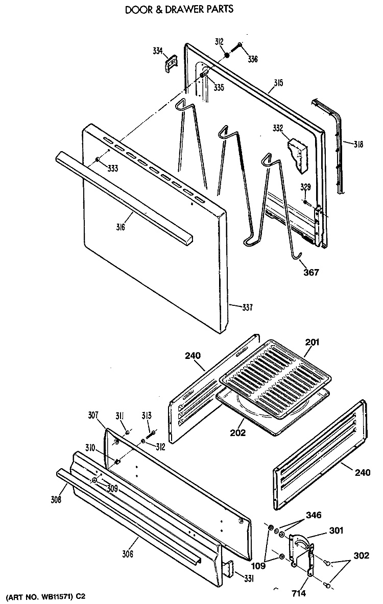 DOOR & DRAWER PARTS Diagram and Parts List for JGBS03PV2WH  General Electric Range