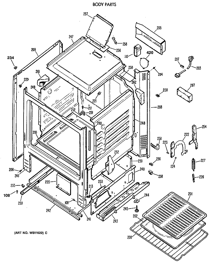 BODY PARTS Diagram and Parts List for JGBS04EV2WH  General Electric Range